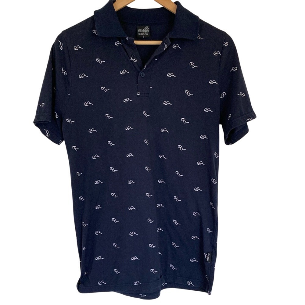 Molokai Surf Co Mens Navy Polo Shirt Size Small White Sunglasses Novelty‎ Print